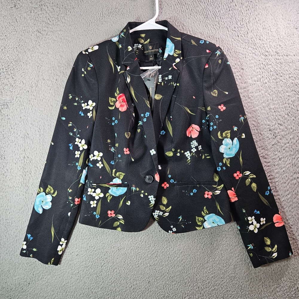 NEW Worthington Blazer Suit Jacket Small Colorful Floral Print Black